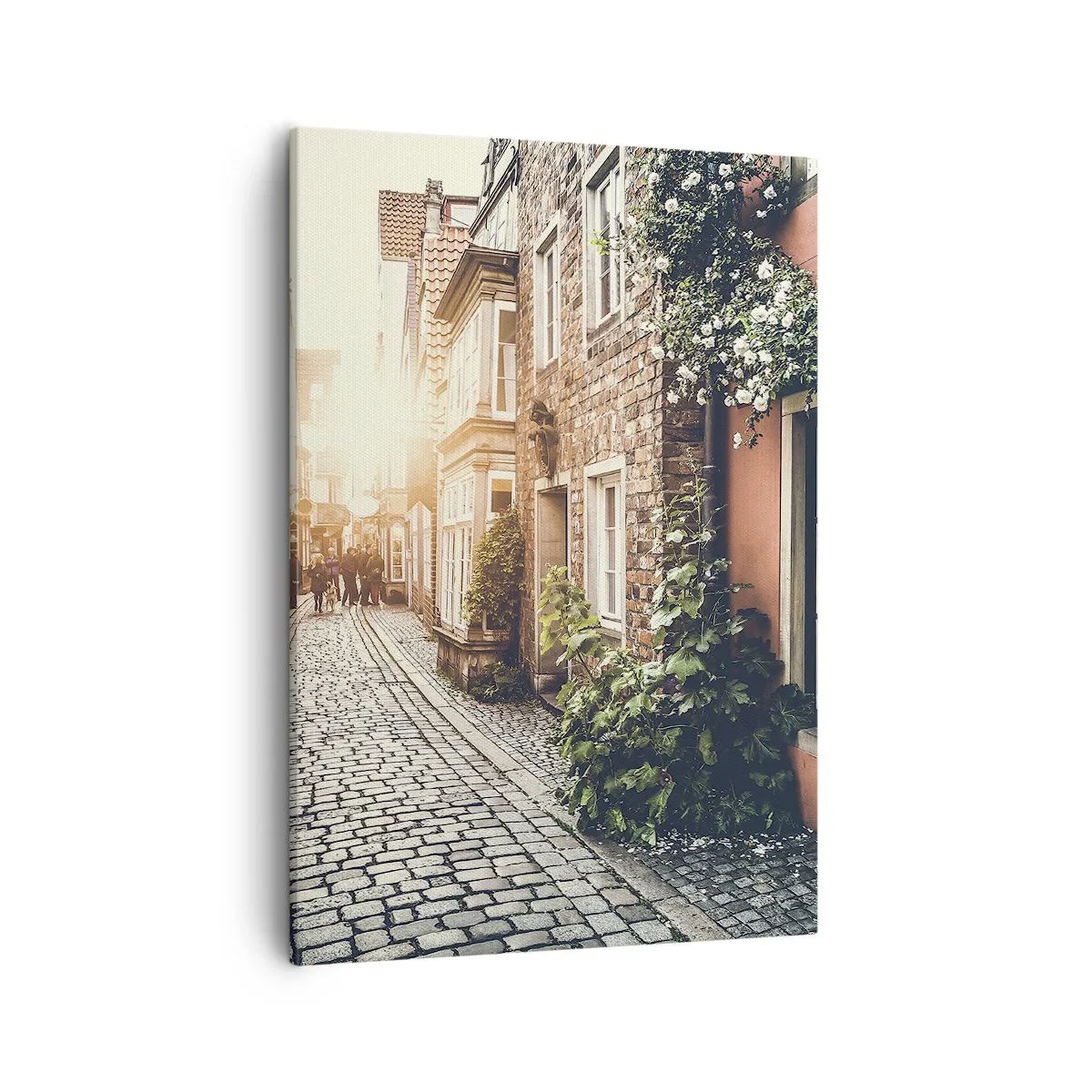 Quadro su tela - Stampe su Tela - Una strada affascinante con pavimentazione in pietra e fiori - 50x70cm - L'angolo delle rose nella luce rosata - Decorazione murale moderna per soggiorno e camera da letto ARTTOR
