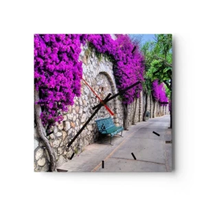 Orologio da parete - Orologio in Vetro - Un sentiero in pietra con una panchina e fiori viola in fiore - 30x30cm - Incontriamoci al più presto - Decorazione murale moderna per soggiorno e camera da letto ARTTOR