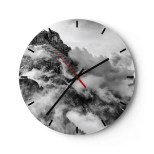 Orologio da parete - Orologio in Vetro - Una fotografia in bianco e nero di montagne avvolte nella nebbia. - 30x30cm - Belli e terribili - Decorazione murale moderna per soggiorno, cucina e camera da letto ARTTOR