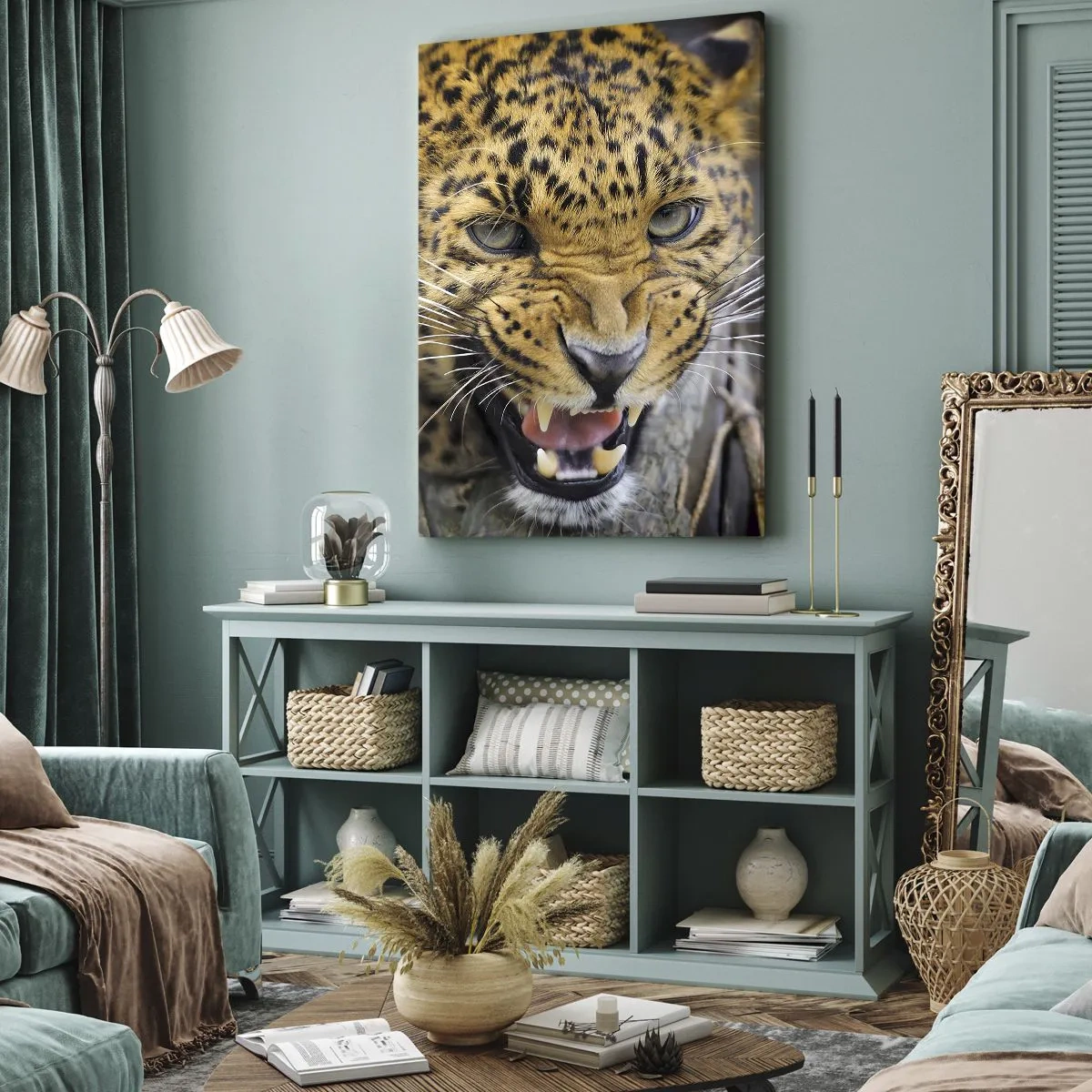 Quadro su tela - Stampe su Tela - Primo piano di un leopardo minaccioso con le zanne scoperte. - 80x120cm - Non avvicinarti, ti avverto! - Decorazione murale moderna per soggiorno e camera da letto ARTTOR