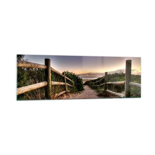 Quadro su vetro - Sentiero in legno tra le dune che conduce alla spiaggia al tramonto - 160x50cm - Già si vede la meta - Decorazione murale moderna per soggiorno e camera da letto ARTTOR