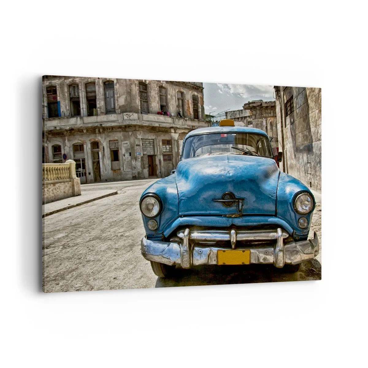 Quadro su tela - Stampe su Tela - Una vecchia macchina blu sulla strada in stile retrò - 120x80cm - Antico è bello - Decorazione murale moderna per soggiorno e camera da letto ARTTOR