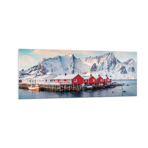 Quadro su vetro - Case rosse sullo sfondo delle montagne innevate e del mare blu - 140x50cm - Atmosfera del nord - Decorazione murale moderna per soggiorno e camera da letto ARTTOR