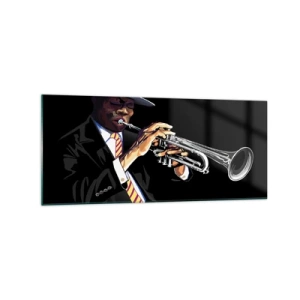 Quadro su vetro - Un musicista che suona la tromba su uno sfondo nero - 120x50cm - Il fascino della Old School - Decorazione murale moderna per soggiorno e camera da letto ARTTOR