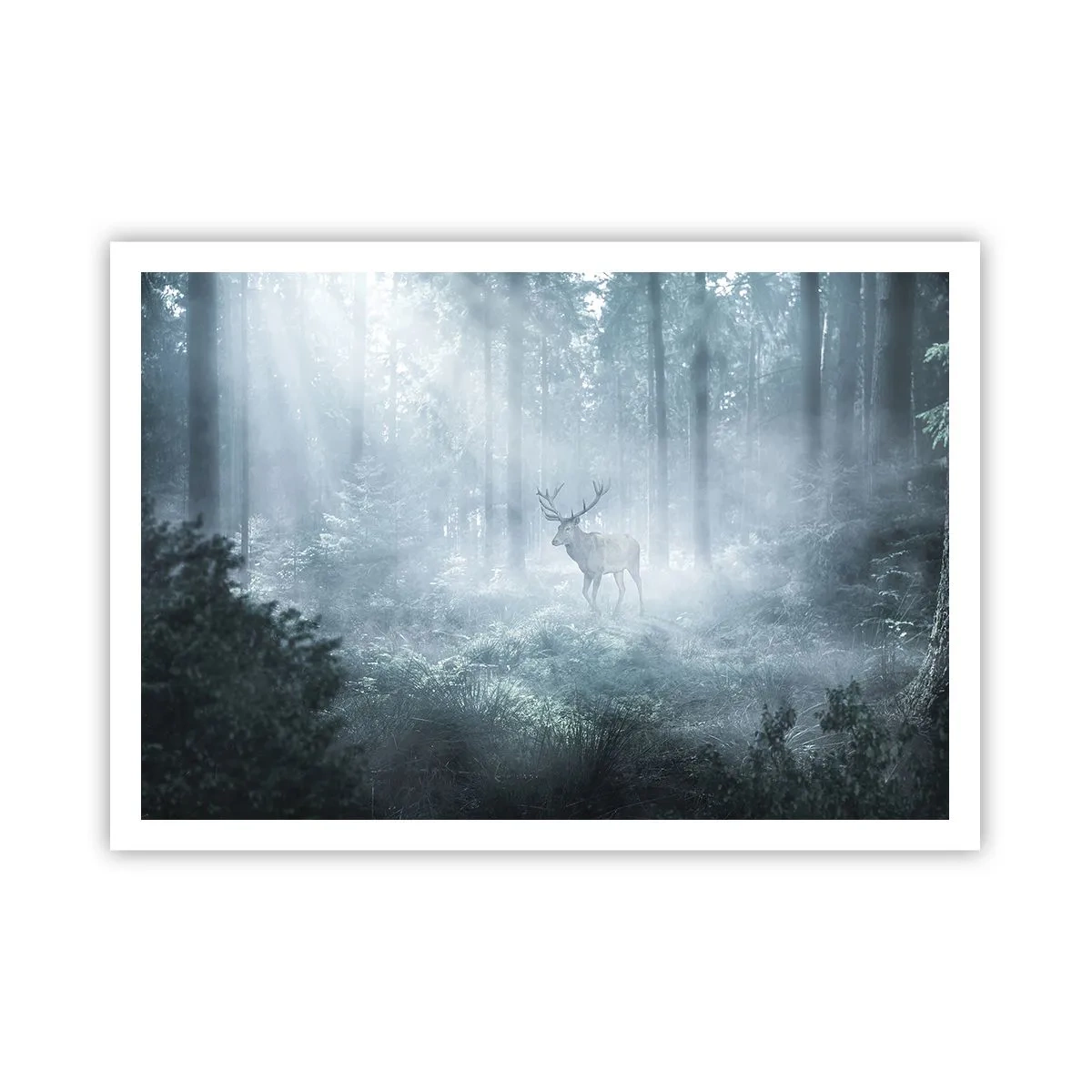 Poster - Un cervo in una fitta foresta avvolto nella nebbia mattutina - 100x70cm - Passeggiata mattutina sulle sue terre - Decorazione murale moderna per soggiorno e camera da letto ARTTOR