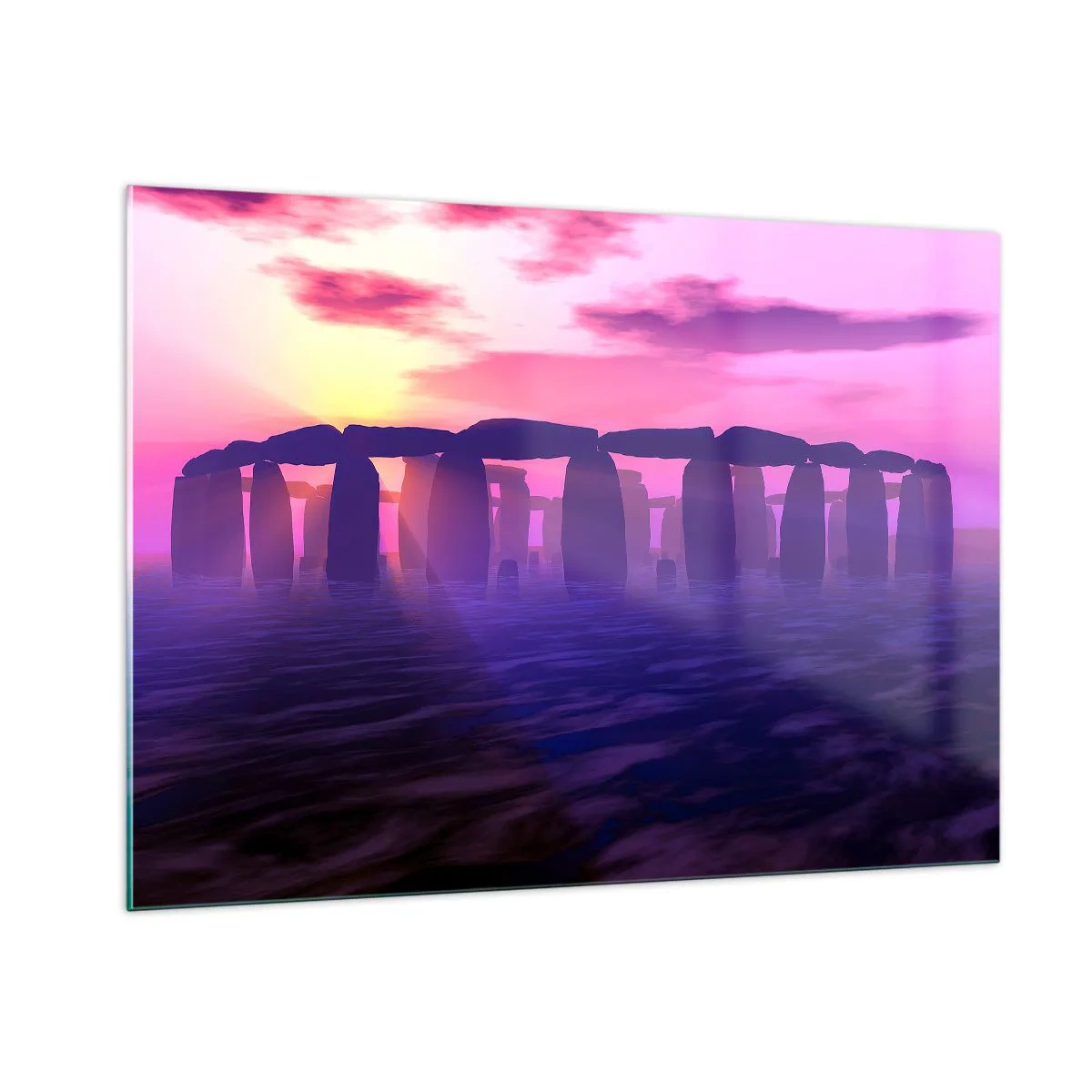 Quadro su vetro - Stonehenge alla luce di un tramonto rosa - 100x70cm - Mistero in un'alba nebbiosa - Decorazione murale moderna per soggiorno e camera da letto ARTTOR