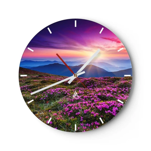 Orologio da parete - Orologio in Vetro - Paesaggio montano con fiori rosa in fiore - 30x30cm - Il profumo dei fiori freschi del campo - Decorazione murale moderna per soggiorno, cucina e camera da letto ARTTOR
