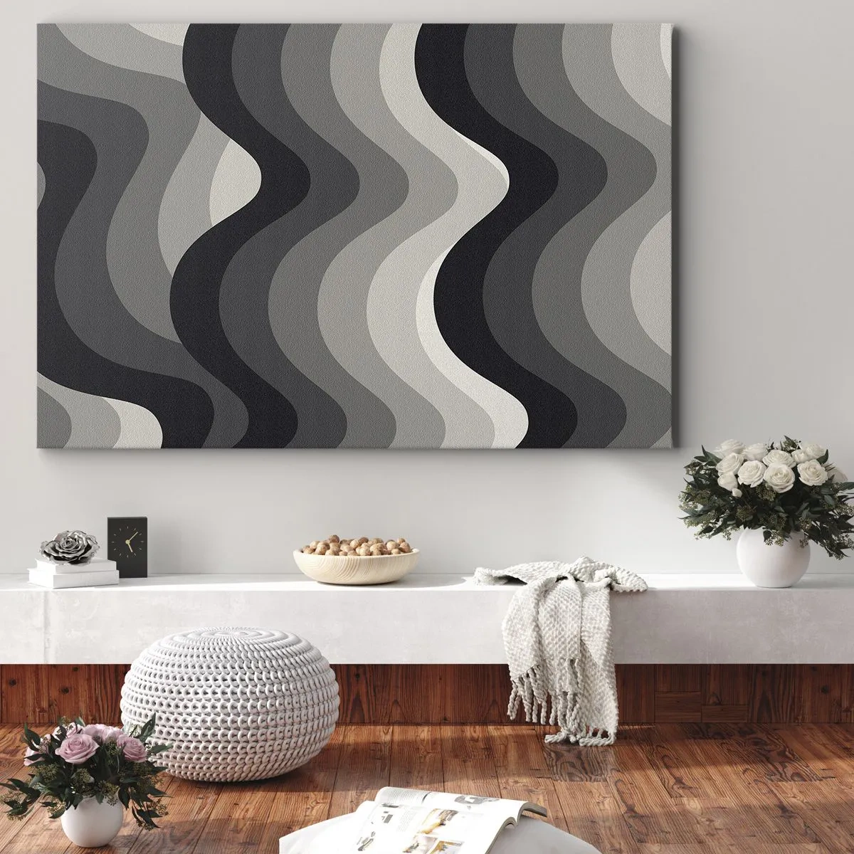 Quadro su tela - Stampe su Tela - Motivi ondulati in bianco e nero in tonalità di grigio - 120x80cm - Un'onda dopo l'altra - Decorazione murale moderna per soggiorno e camera da letto ARTTOR