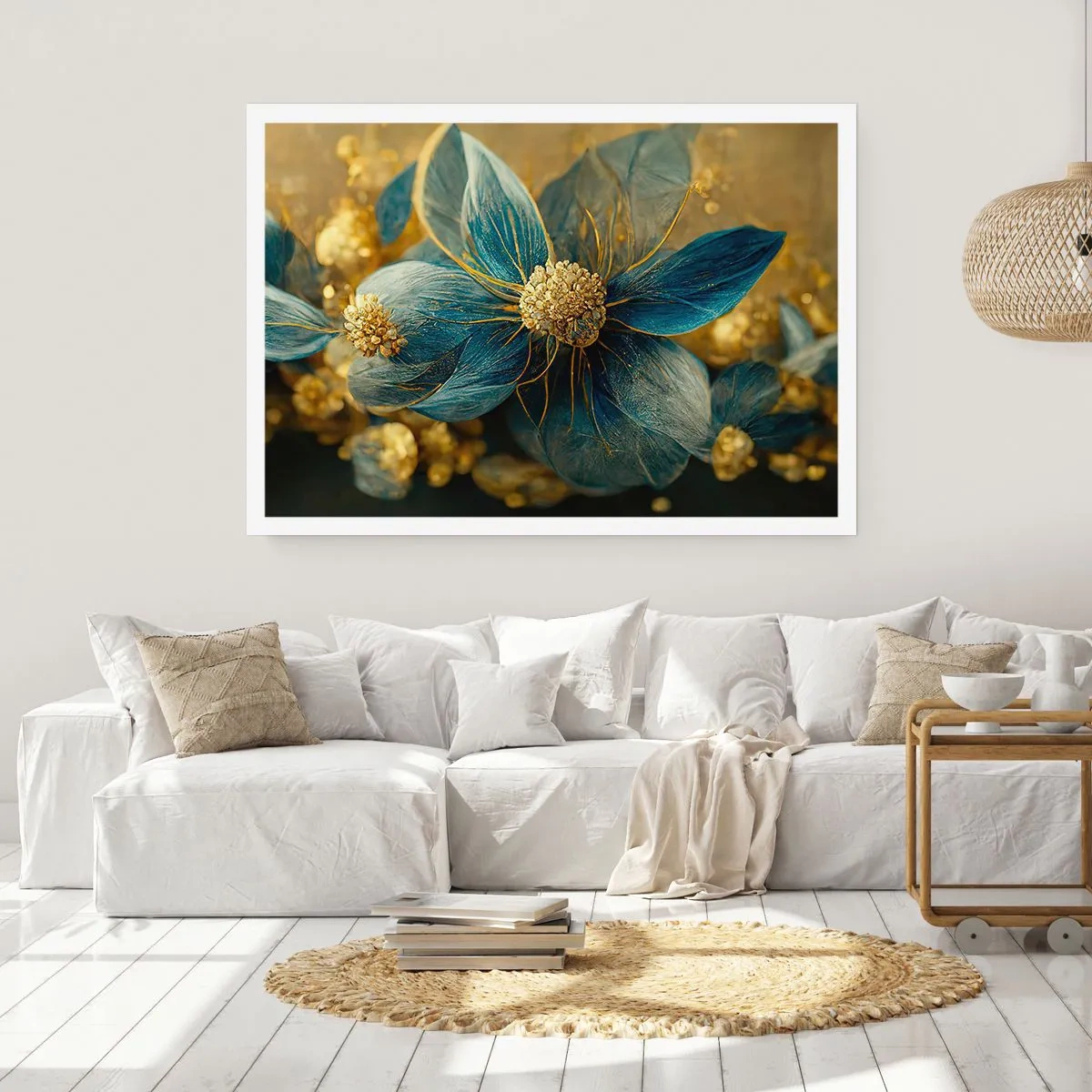 Poster - Eleganti fiori nei toni del blu e dell'oro - 100x70cm - Fiorire d'oro - Decorazione murale moderna per soggiorno e camera da letto ARTTOR