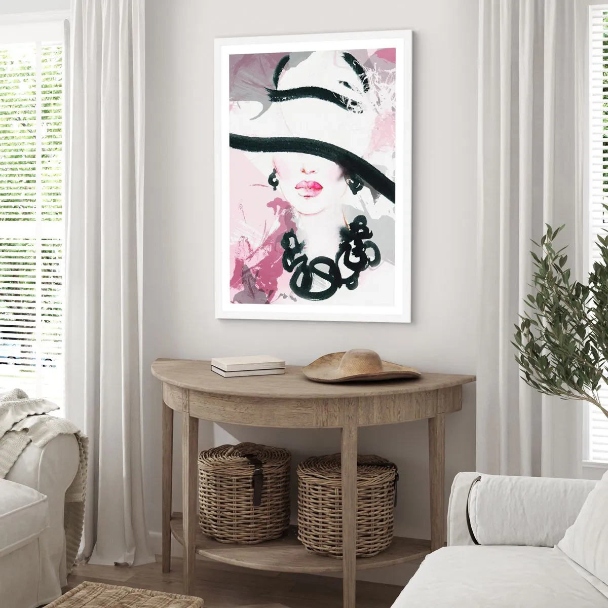 Poster in cornice bianca - Ritratto di donna in nero e rosa - 61x91 cm