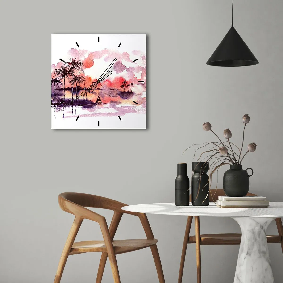 Orologio da parete - Orologio in Vetro - Paesaggio tropicale con palme al tramonto in acquerello - 30x30cm - Pace dei tropici in rosso - Decorazione murale moderna per soggiorno e camera da letto ARTTOR