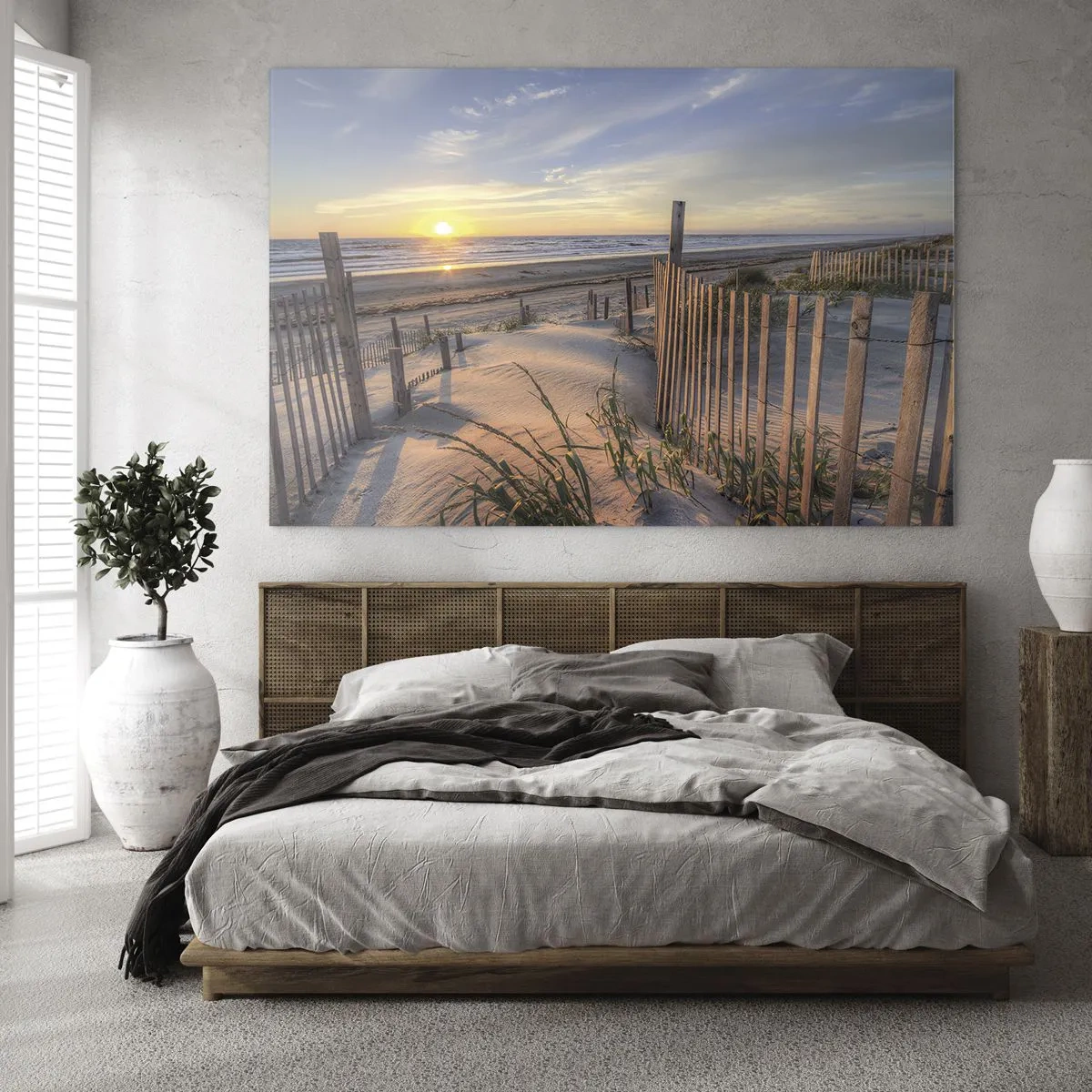Quadro su vetro - Spiaggia con dune al tramonto - 100x70cm - Luci e ombre del vento - Decorazione murale moderna per soggiorno e camera da letto ARTTOR