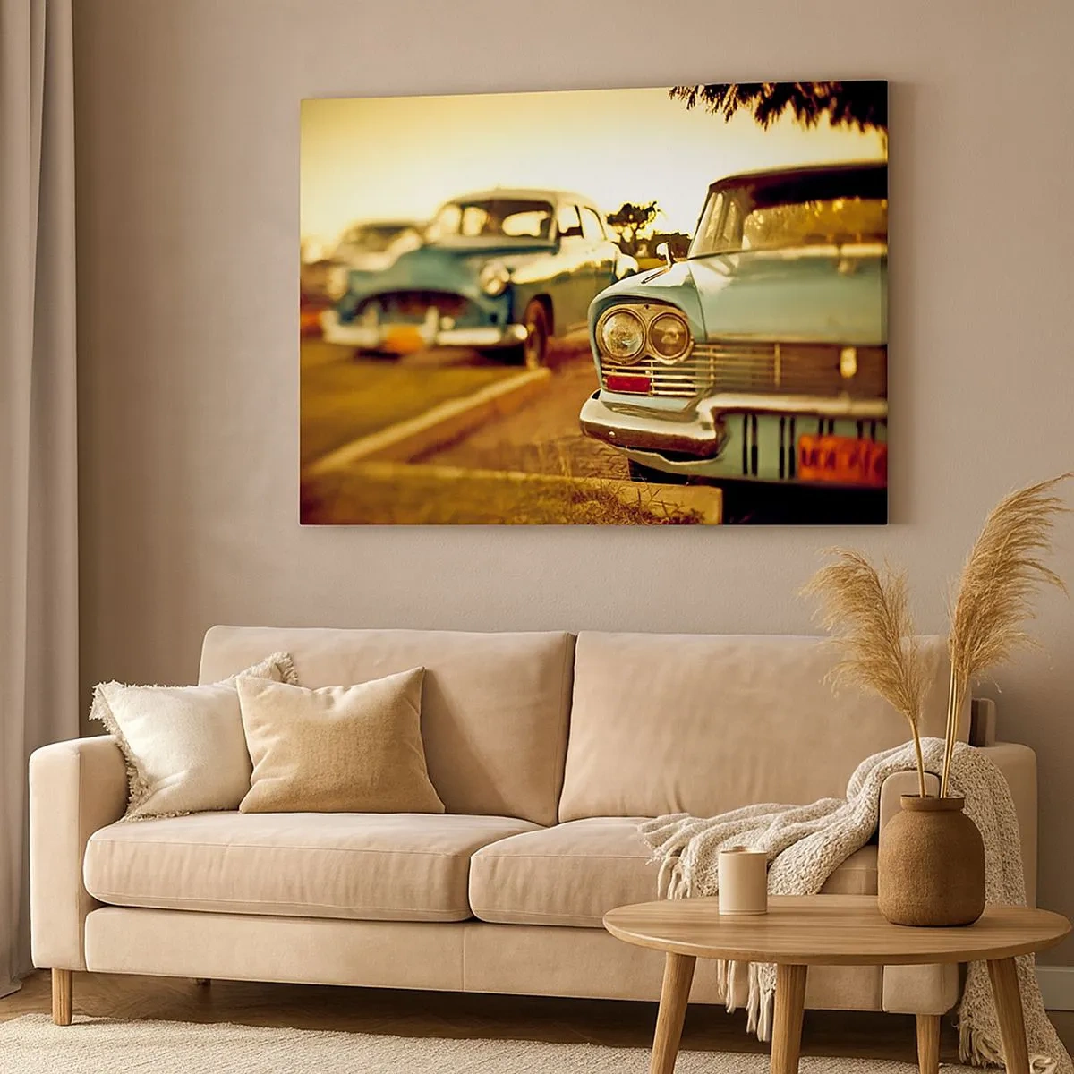 Quadro su tela - Stampe su Tela - Auto d'epoca nella calda luce del tramonto - 70x50cm - Aspettiamo, vediamo - Decorazione murale moderna per soggiorno e camera da letto ARTTOR