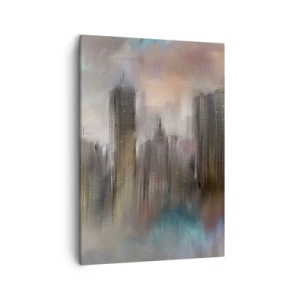 Quadro su tela - Stampe su Tela - Una visione artistica di un paesaggio urbano con grattacieli dai colori pastello. - 50x70cm - Composizione con acciaio, pietra e nebbia - Decorazione murale moderna per soggiorno e camera da letto ARTTOR