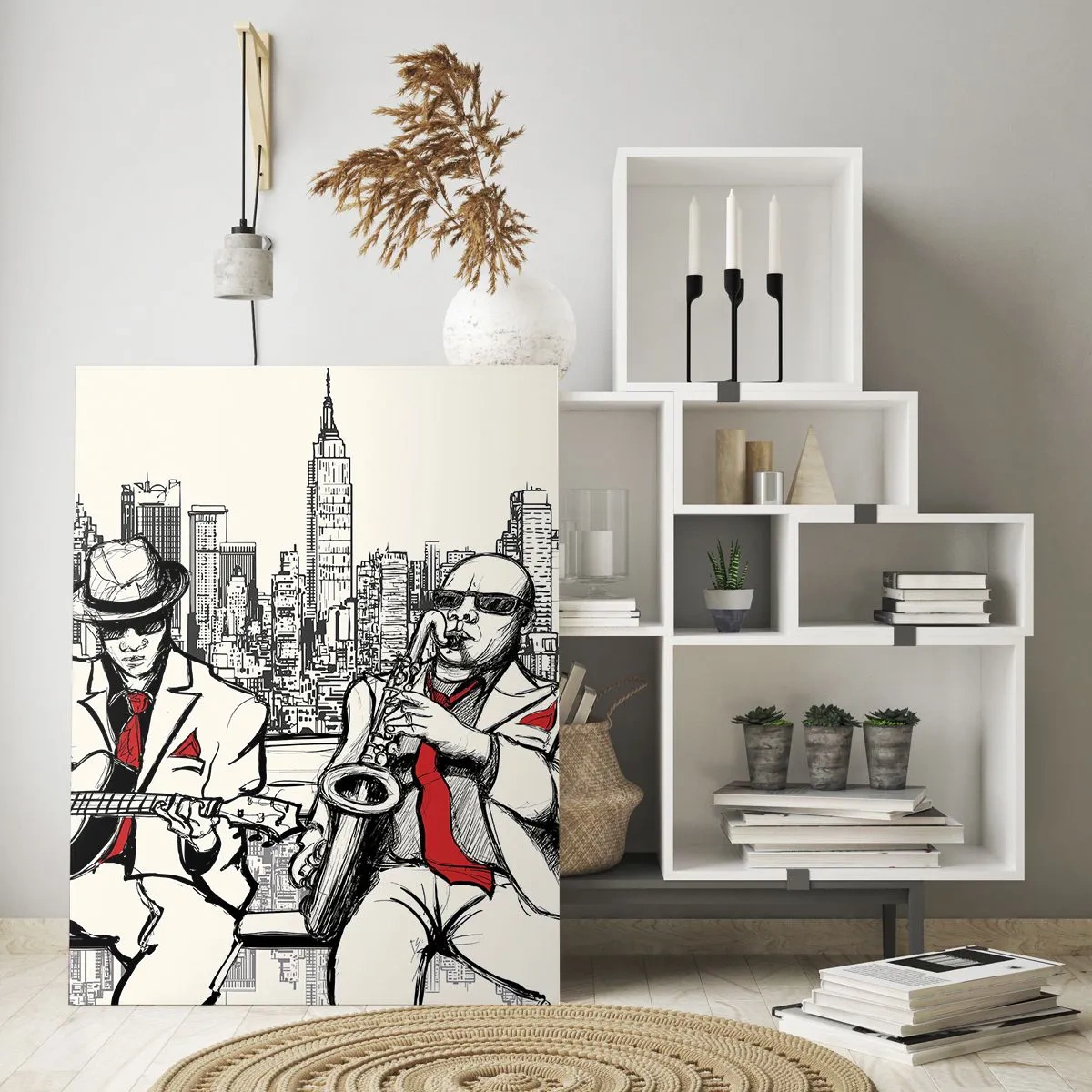 Quadro su vetro - Un duo jazz con sassofono e chitarra sullo sfondo della città - 70x100cm - Improvvisare a New York - Decorazione murale moderna per soggiorno e camera da letto ARTTOR