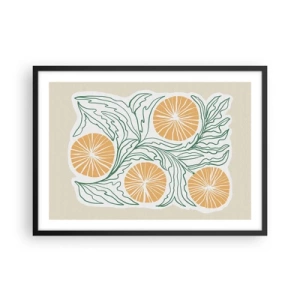 Poster in cornice nera - Un motivo arancione minimalista con foglie verdi - 70x50cm - Etnicamente con una nota di astrazione - Decorazione murale moderna per soggiorno e camera da letto ARTTOR