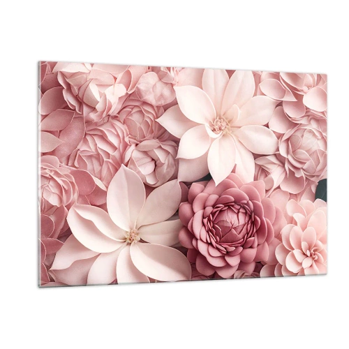Quadro su vetro - Delicati fiori rosa in una composizione ricca di petali - 120x80cm - Nei petali di rosa - Decorazione murale moderna per soggiorno e camera da letto ARTTOR