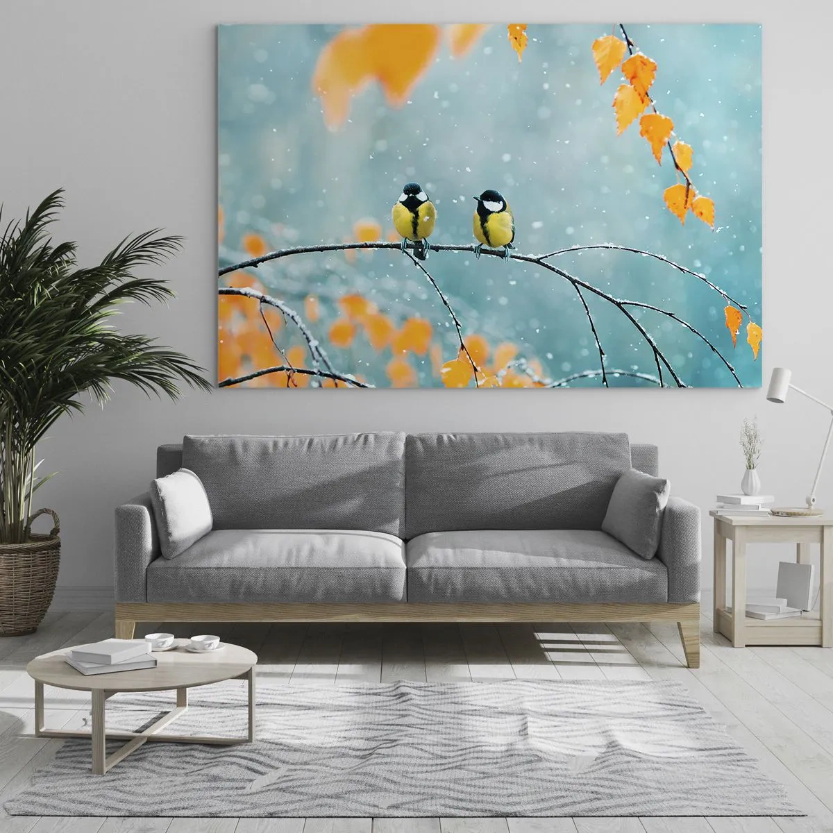 Quadro su vetro - Due cinciallegre sedute su un ramoscello tra le foglie che cadono - 70x50cm - Pettegolezzi alati - Decorazione murale moderna per soggiorno e camera da letto ARTTOR