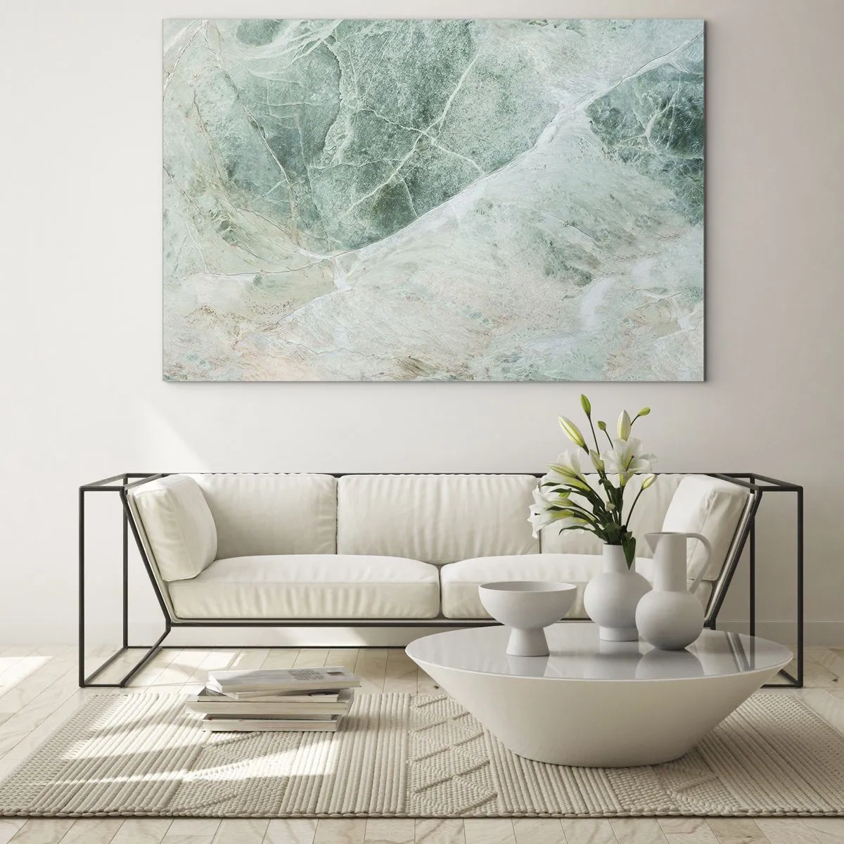 Quadro su vetro - Texture verde-beige che ricorda la pietra naturale - 120x80cm - Il freddo nobile della pietra - Decorazione murale moderna per soggiorno e camera da letto ARTTOR