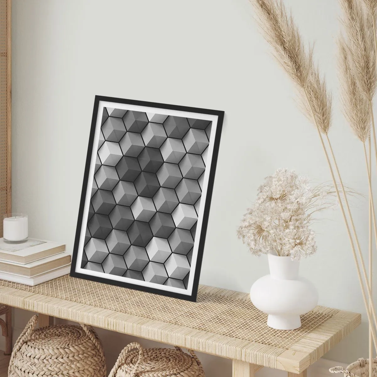 Poster in cornice nera - Composizione in bianco e nero di cubi geometrici 3D - 50x70cm - Puzzle cubista - Decorazione murale moderna per soggiorno e camera da letto ARTTOR