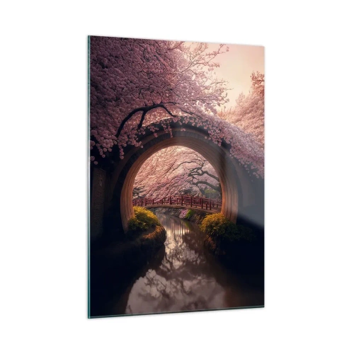 Quadro su vetro - Fiori di ciliegio e un ponte giapponese visti attraverso il cancello rotondo - 50x70cm - Primavera giapponese - Decorazione murale moderna per soggiorno e camera da letto ARTTOR