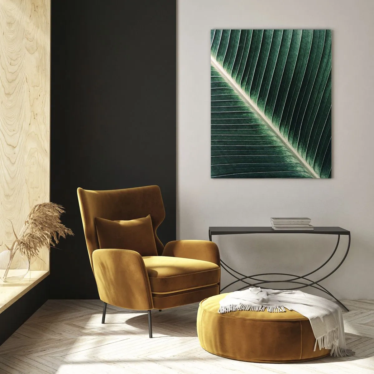 Quadro su vetro - Primo piano della struttura di una foglia verde - 70x100cm - Il ritmo della natura - Decorazione murale moderna per soggiorno e camera da letto ARTTOR