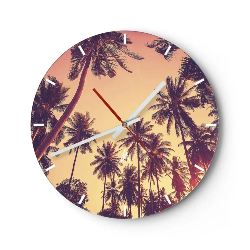 Orologio da parete - Orologio in Vetro - Palme al tramonto nelle calde tonalità dell'arancione - 30x30cm - Composizione tropicale - Decorazione murale moderna per soggiorno, cucina e camera da letto ARTTOR