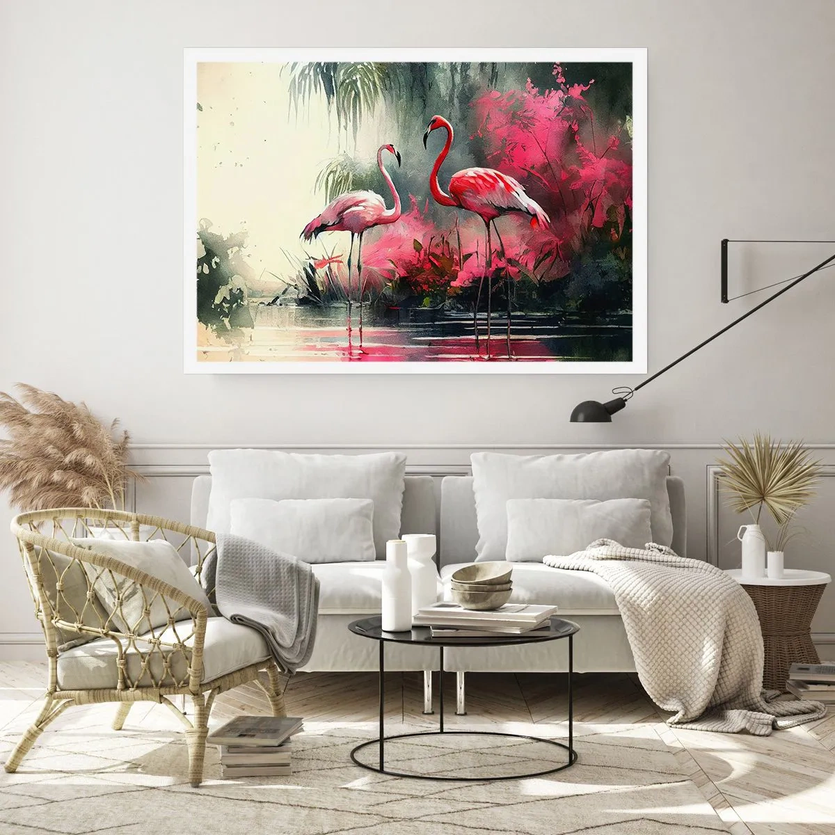 Poster - Fenicotteri in riva all'acqua circondati dalla vegetazione - 100x70cm - Lezione di naturale eleganza  - Decorazione murale moderna per soggiorno e camera da letto ARTTOR