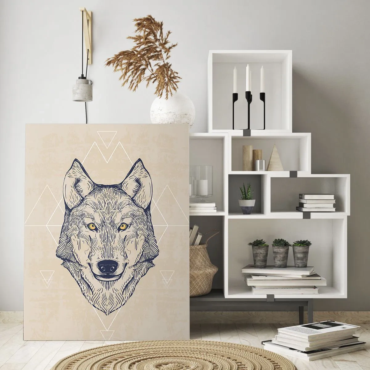 Quadro su vetro - Un lupo geometrico su uno sfondo chiaro con motivi minimalisti. - 70x100cm - Alfa dallo sguardo penetrante - Decorazione murale moderna per soggiorno e camera da letto ARTTOR