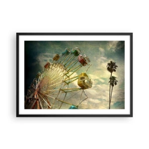 Poster in cornice nera - Foto retrò di una ruota panoramica con palme contro il cielo - 70x50cm - Il divertimento comincia... - Decorazione murale moderna per soggiorno e camera da letto ARTTOR