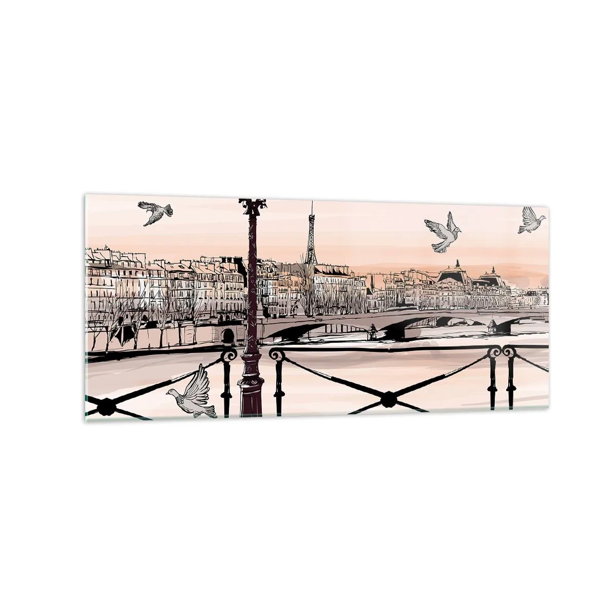 Quadro su vetro - Veduta parigina con lanterna e ponte - 120x50cm - Sui tetti di Parigi - Decorazione murale moderna per soggiorno e camera da letto ARTTOR