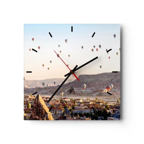 Orologio da parete - Orologio in Vetro - Cappadocia con mongolfiere sullo sfondo di pittoresche colline - 30x30cm - Come navi nel cielo - Decorazione murale moderna per soggiorno e camera da letto ARTTOR