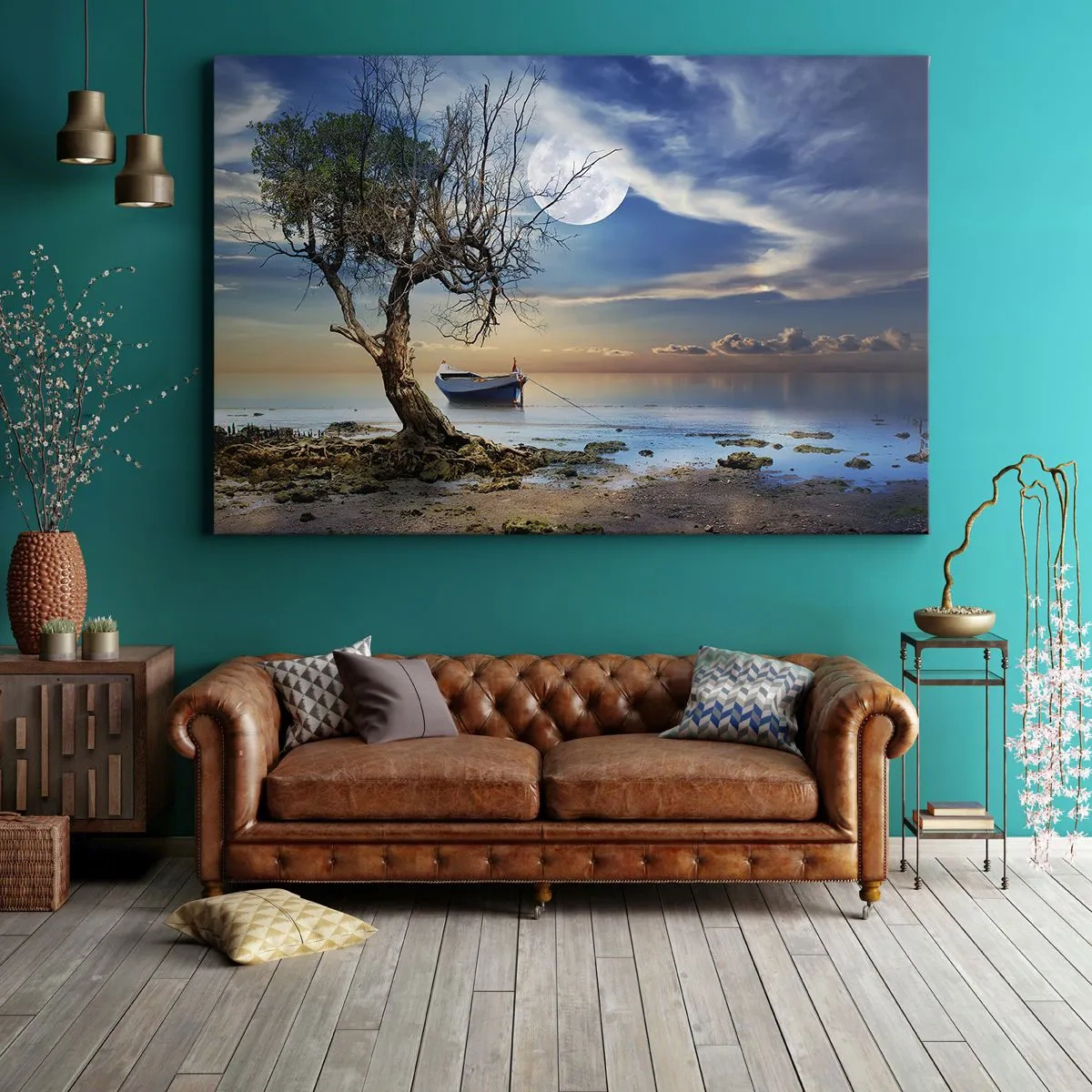 Quadro su tela - Stampe su Tela - Un albero solitario e una barca su acque calme sotto la luna piena. - 120x80cm - È la fine o l'inizio? - Decorazione murale moderna per soggiorno e camera da letto ARTTOR