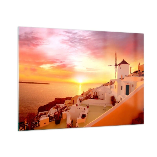 Quadro su vetro - Tramonto su Santorini con edifici bianchi e un mulino a vento - 100x70cm - Sciogliersi nel bianco e nell'oro - Decorazione murale moderna per soggiorno e camera da letto ARTTOR