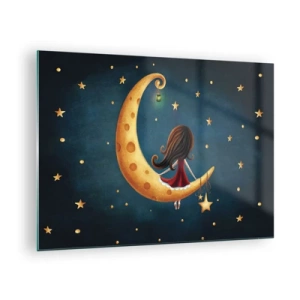 Quadro su vetro - Una ragazza sulla luna tra le stelle su uno sfondo blu navy - 70x50cm - Una volta... - Decorazione murale moderna per soggiorno e camera da letto ARTTOR