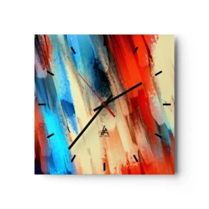 Orologio da parete - Orologio in Vetro - Pennellata astratta nei toni del blu e dell'arancione - 30x30cm - Cascata di colori - Decorazione murale moderna per soggiorno e camera da letto ARTTOR