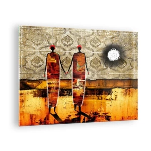 Quadro su vetro - Due figure astratte su uno sfondo di ornamenti e sfumature dorate - 70x50cm - Composizione etnica nei colori dell'Africa - Decorazione murale moderna per soggiorno e camera da letto ARTTOR