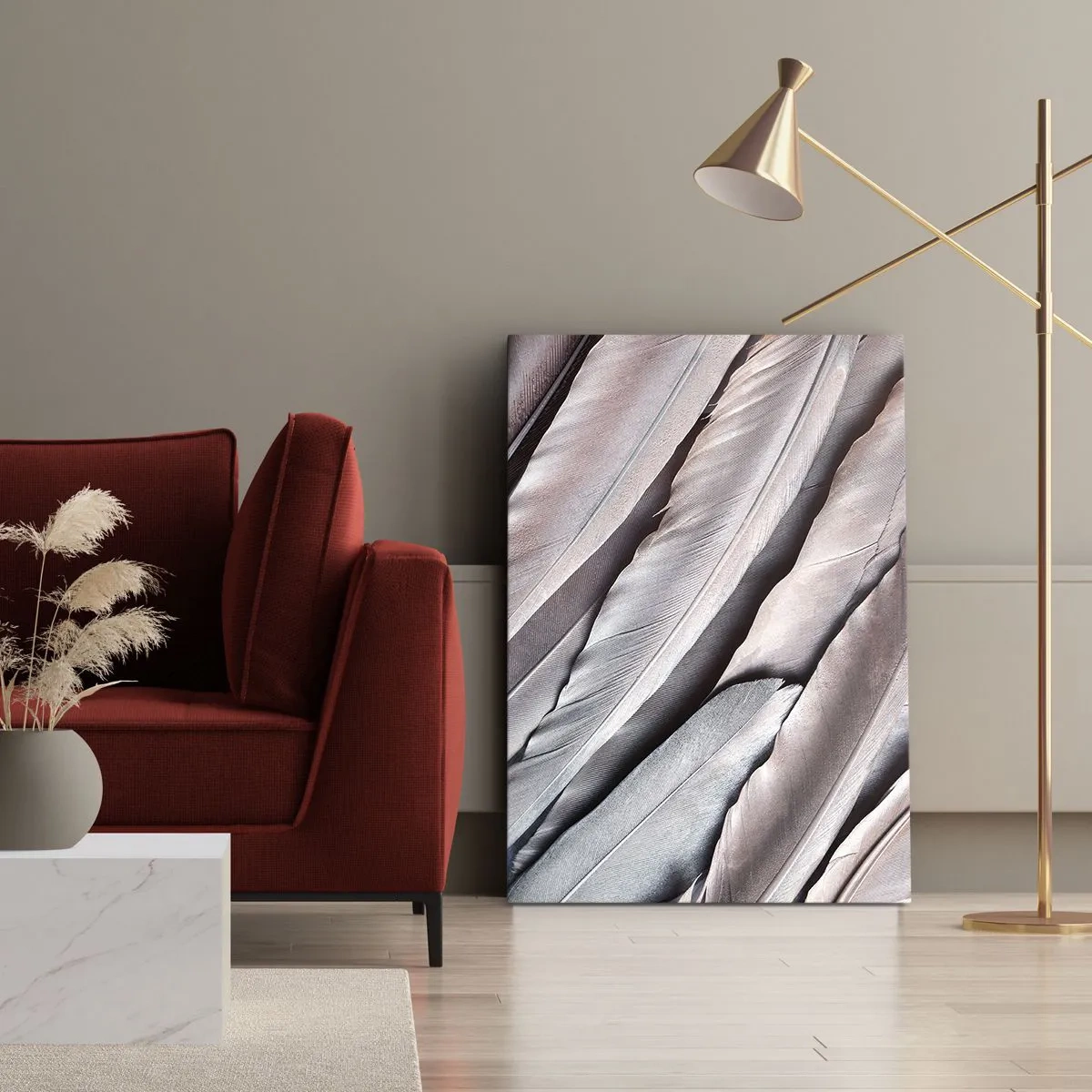 Quadro su tela - Stampe su Tela - Piume delicate in sottili tonalità di grigio e beige - 50x70cm - Argento rosato - Decorazione murale moderna per soggiorno e camera da letto ARTTOR