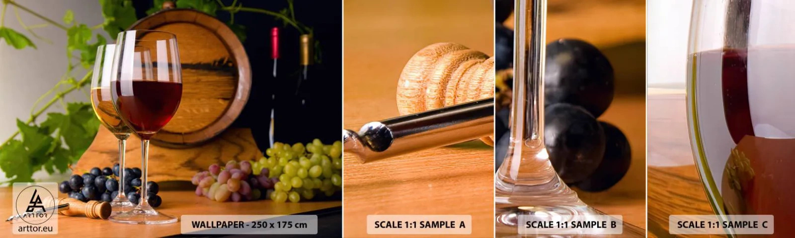 Campione Di Fotomurale Standard Eco - Come presso gli antichi conoscitori - Botte di vino, Uva, Un bicchiere di vino - 100x30 cm