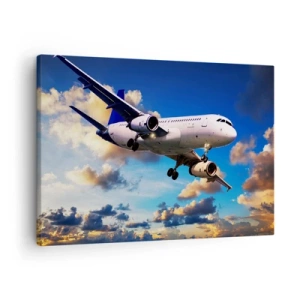 Quadro su tela - Stampe su Tela - Un aereo passeggeri contro le nuvole al tramonto - 70x50cm - Viaggio nel bianco e nel blu - Decorazione murale moderna per soggiorno e camera da letto ARTTOR