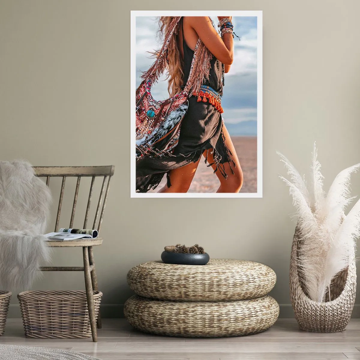 Poster - Stile boho contro un paesaggio desertico - 50x70cm - La donna dello sciamano - Decorazione murale moderna per soggiorno e camera da letto ARTTOR