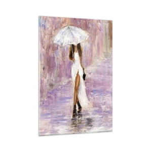 Quadro su vetro - Una donna con un ombrello che cammina sotto la pioggia nei toni del lilla - 80x120cm - Nella pioggia lilla - Decorazione murale moderna per soggiorno e camera da letto ARTTOR