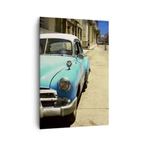 Quadro su tela - Stampe su Tela - Un'auto d'epoca blu sulla strada in una giornata di sole - 70x100cm - Evviva Cuba! - Decorazione murale moderna per soggiorno e camera da letto ARTTOR