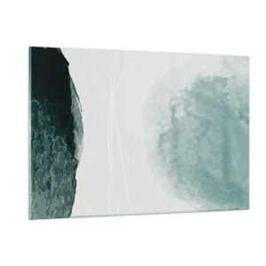 Quadro su vetro - Forme astratte verdi su uno sfondo chiaro che ricordano la nebbia - 120x80cm - Incontro con la nebbia - Decorazione murale moderna per soggiorno e camera da letto ARTTOR