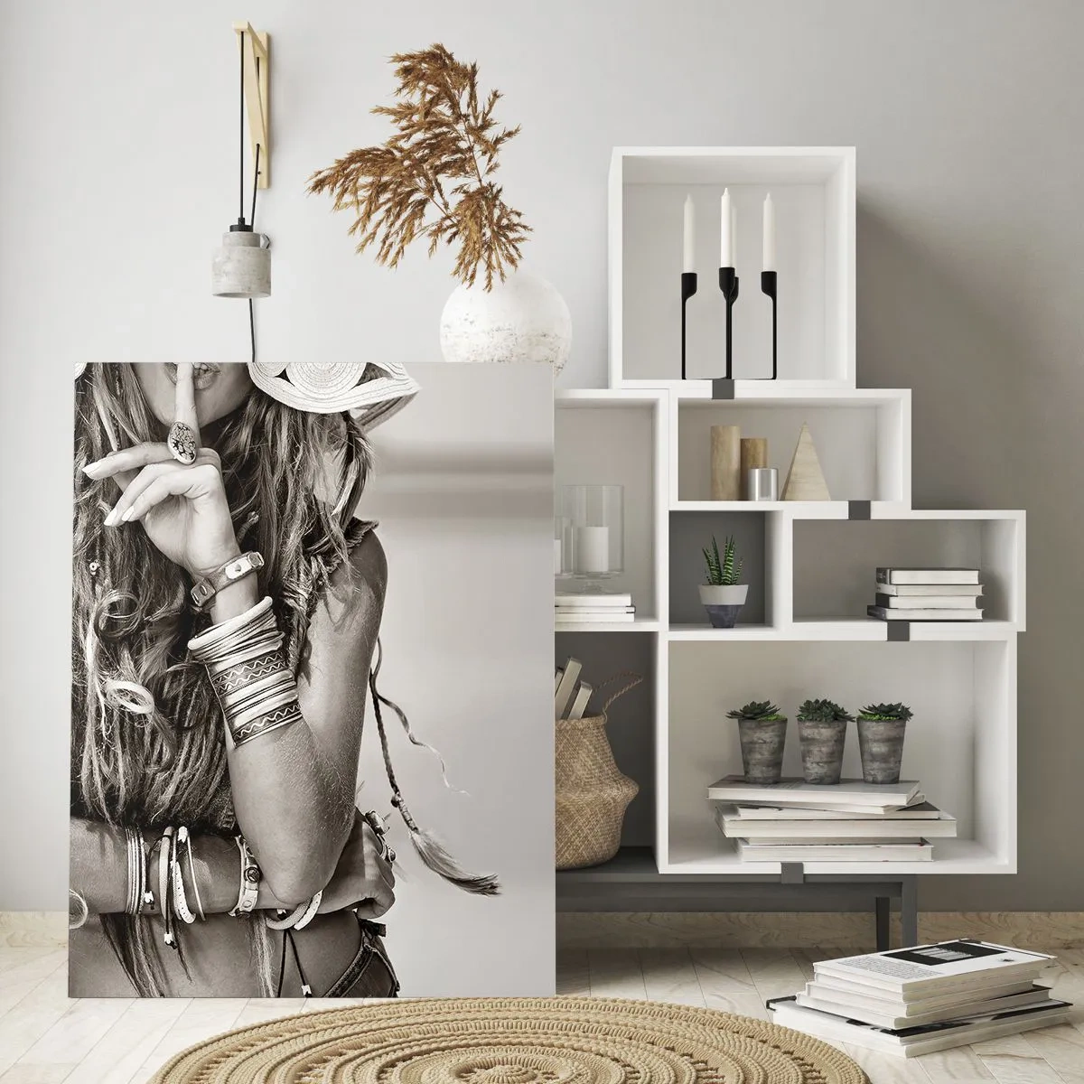 Quadro su vetro - Ritratto di una donna boho con gioielli - 70x100cm - Come una ragazza - Decorazione murale moderna per soggiorno e camera da letto ARTTOR