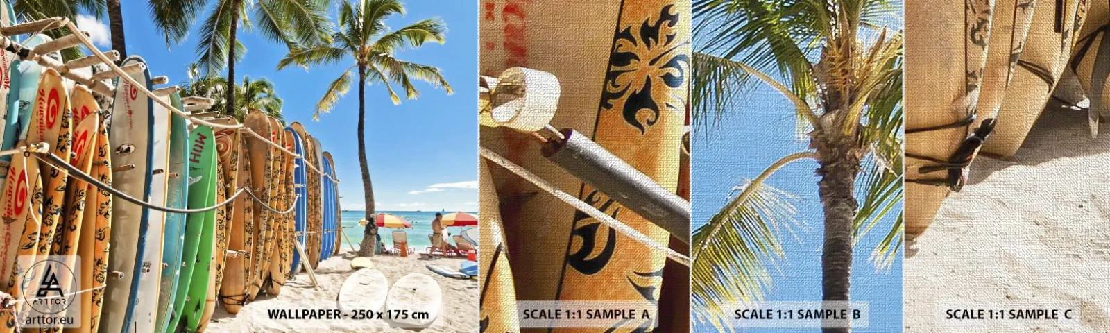 Campione di Fotomurale Premium Canvas - Divertimento sotto il sole - Paesaggio, Tavola da surf, Spiaggia - 100x30 cm