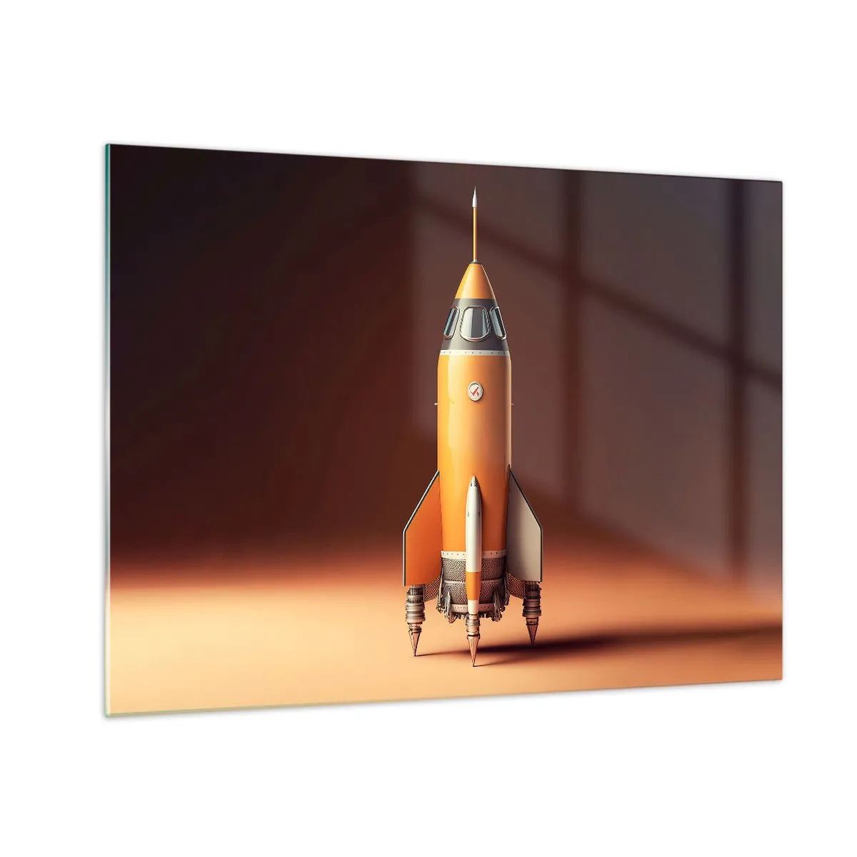 Quadro su vetro - Un razzo arancione su uno sfondo di luce soffusa - 70x50cm - Si inizia dai sogni - Decorazione murale moderna per soggiorno e camera da letto ARTTOR