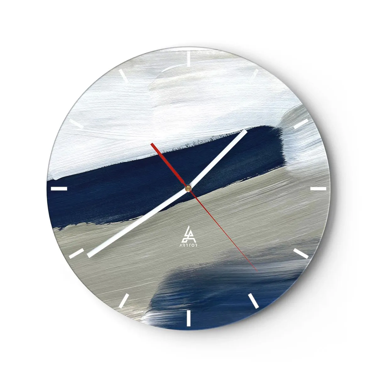 Orologio da parete - Orologio in Vetro - Pennellate astratte in bianco e blu navy - 30x30cm - Incontro con il bianco - Decorazione murale moderna per soggiorno, cucina e camera da letto ARTTOR
