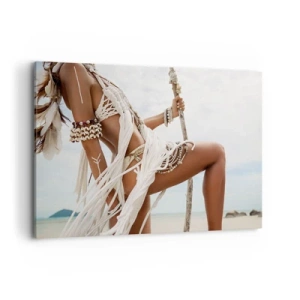 Quadro su tela - Stampe su Tela - Figura femminile con ornamenti e abiti etnici sullo sfondo di un paesaggio tropicale. - 120x80cm - La sacerdotessa del sole - Decorazione murale moderna per soggiorno e camera da letto ARTTOR