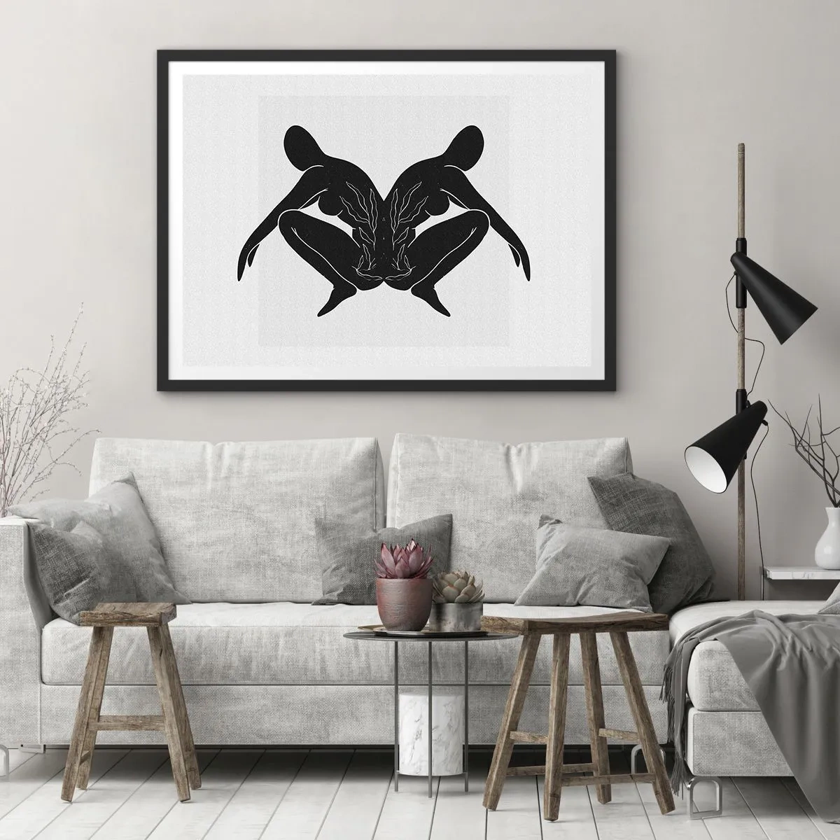 Poster in cornice nera - Sagome nere in posizione simmetrica su sfondo bianco - 70x50cm - Anima comune - Decorazione murale moderna per soggiorno e camera da letto ARTTOR